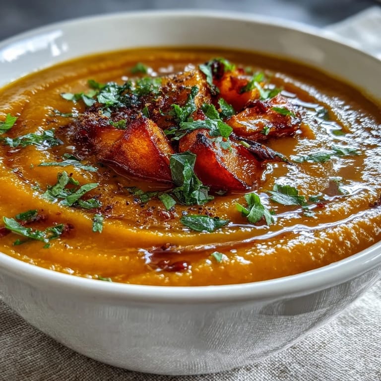 Roasted Vegetable Soup with golden, caramelized vegetables in a pot before blending into a smooth, comforting soup.