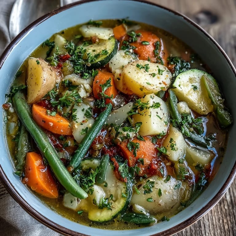 Colorful Ladle of Potato and Vegetable Soup with peas and zucchini, ready to serve hot for a comforting family dinner.