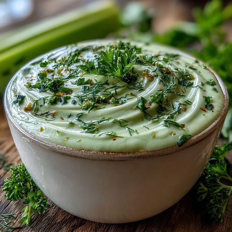 Creamy Celery and Herb Soup simmering in a pot with fresh herbs and celery.