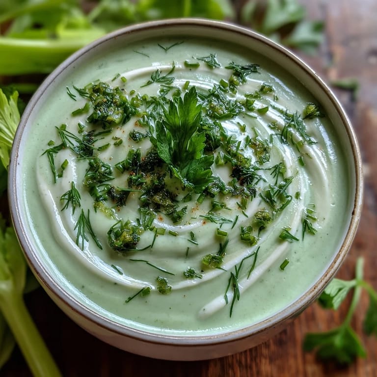 Velvety Creamy Celery and Herb Soup served hot, garnished with herbs and a swirl of cream.
