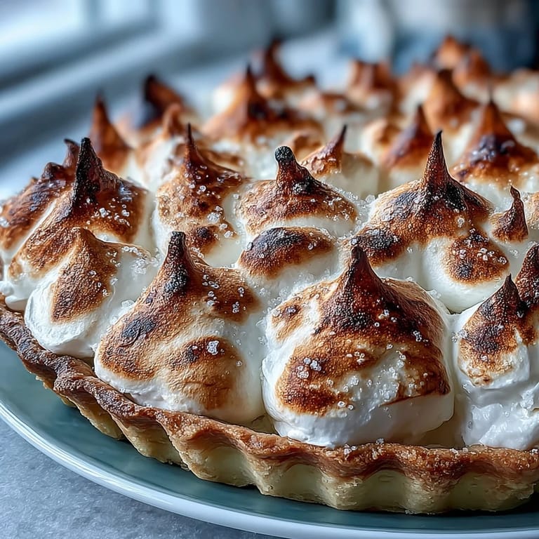 Freshly baked Lemon Meringue Pie with a golden crust, ready to be served with a dollop of whipped cream.