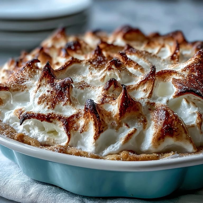 Close-up of the Lemon Meringue Pie, highlighting fluffy, cloud-like meringue and the bright, tangy lemon custard layer.