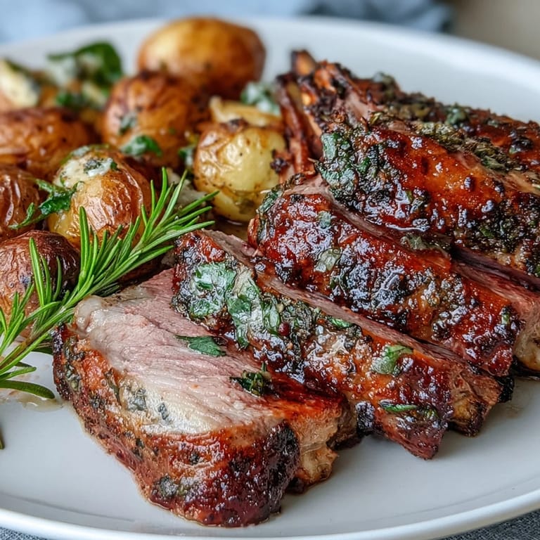 Freshly roasted rack of lamb and potatoes with green olives on a rustic serving platter, garnished with fresh herbs.
