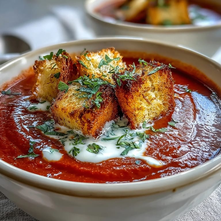 A bowl of Roasted Red Pepper Soup With Crispy Croutons, garnished with parsley, ready to be enjoyed with crusty bread.
