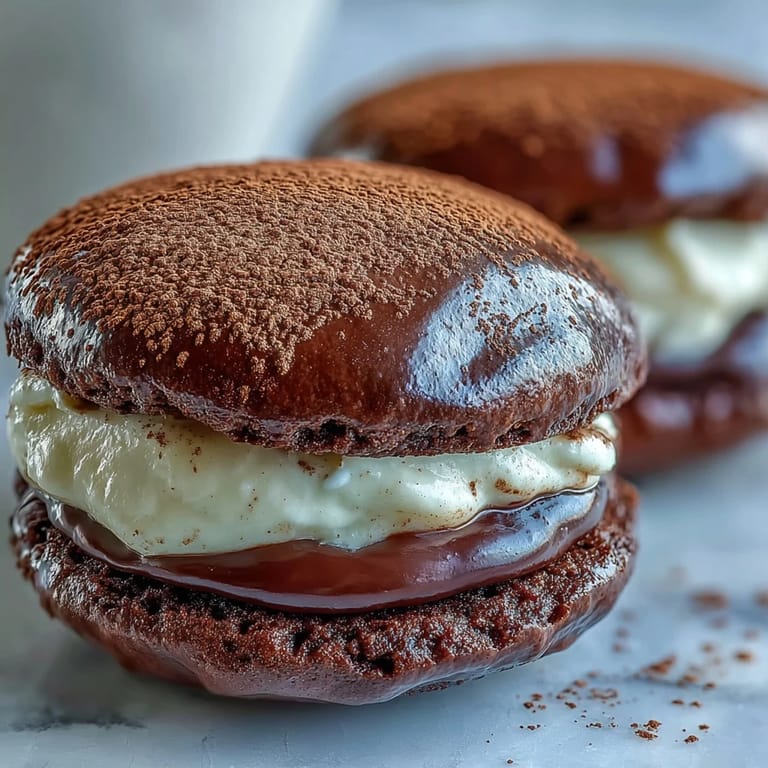 Two soft Tiramisu Whoopie Pies are split to reveal the creamy, espresso-infused mascarpone filling inside.