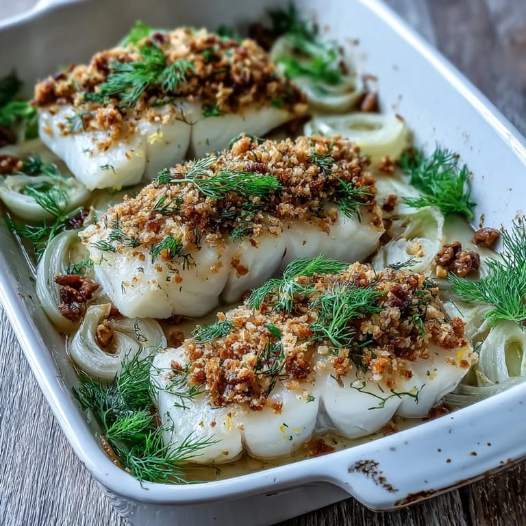 Flaky halibut fillets baked with aromatic fennel and served with lemon-walnut pangrattato.