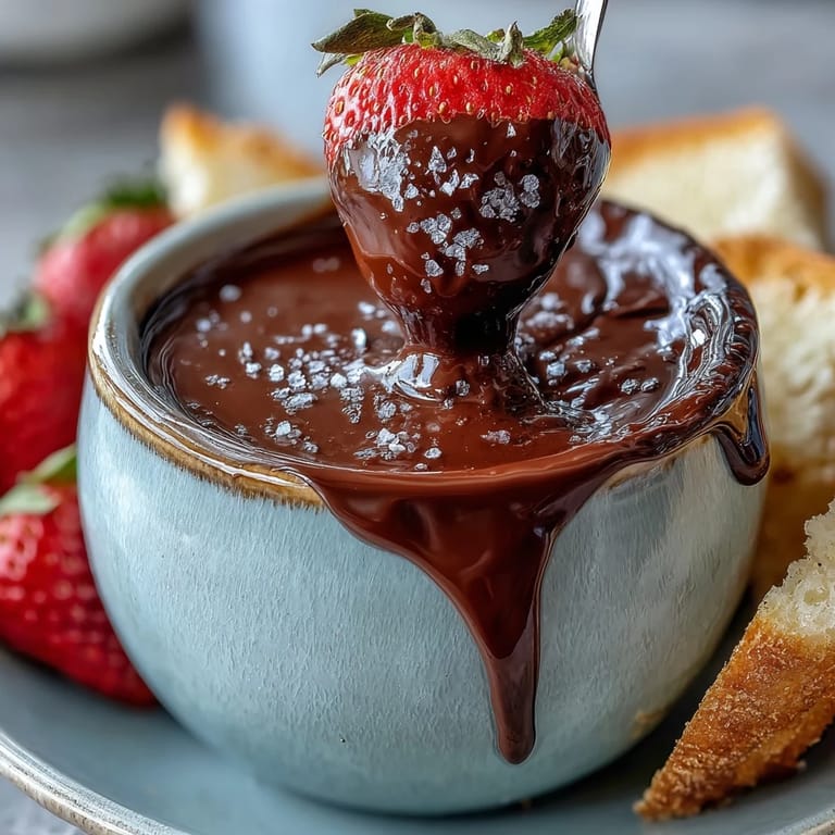 Decadent Boozy Chocolate Fondue with banana slices and strawberries, ideal for a cozy gathering.
