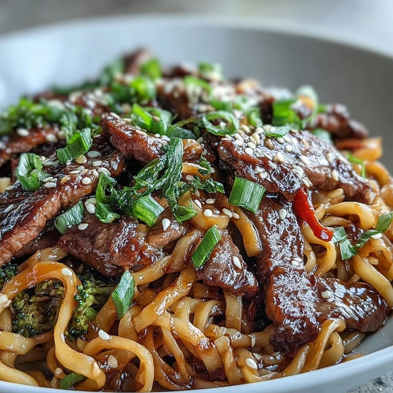 Sizzling Korean Beef Noodles in a hot wok with colorful bell peppers, carrots, and sesame seeds for garnish.