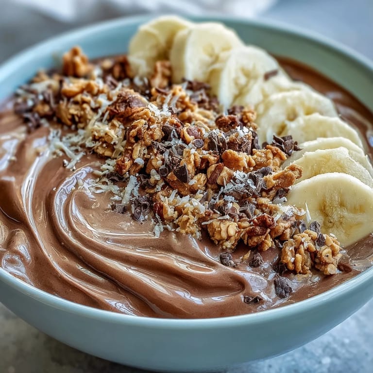 Enjoy these healthy Chunky Monkey Smoothie Bowls, garnished with hemp seeds and mini chocolate chips, served fresh.