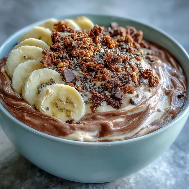 A creamy, chocolatey Chunky Monkey Smoothie Bowl topped with crunchy granola and sliced bananas for breakfast.