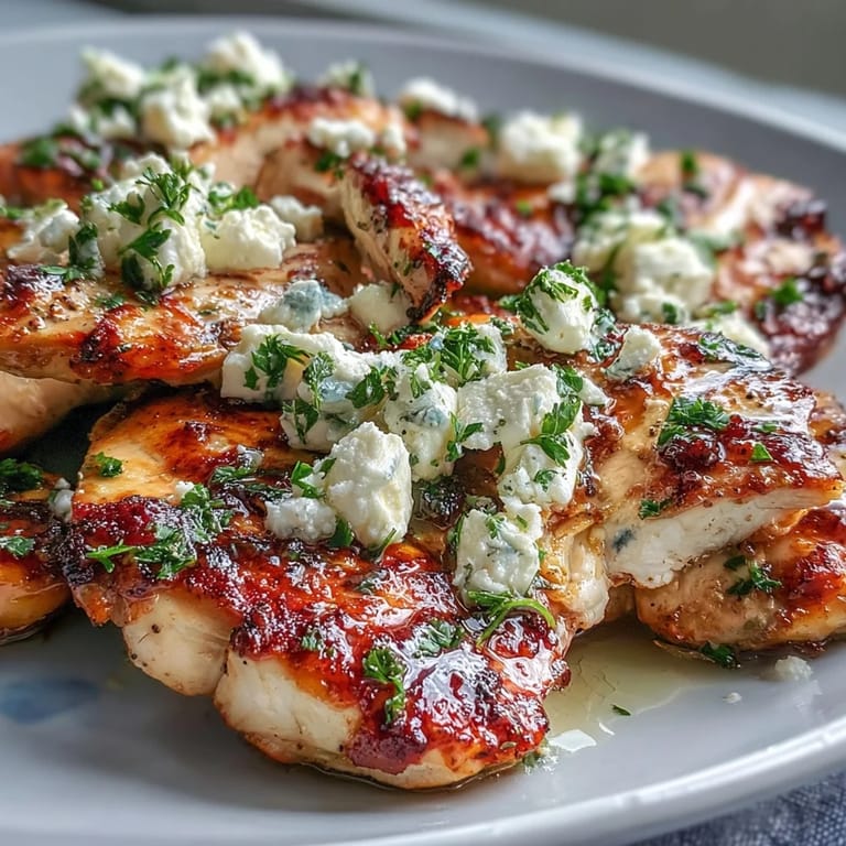 Plated Greek Chicken with Lemon and Feta topped with crumbled cheese and herbs for a fresh meal.