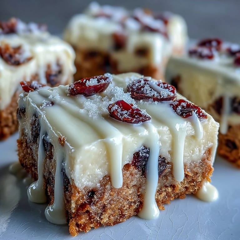 Frosted Cranberry Bliss Bars are cut into squares, topped with extra chopped cranberries and white chocolate drizzle on parchment paper.