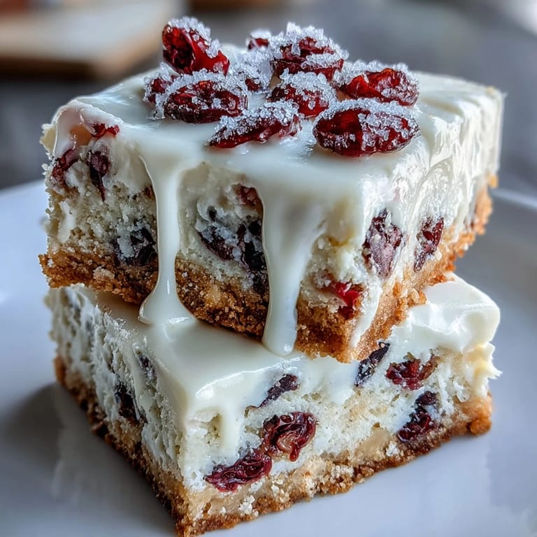 Fresh Cranberry Bliss Bars are served on a white plate, showcasing rich frosting and colorful cranberries, perfect for holiday gatherings.