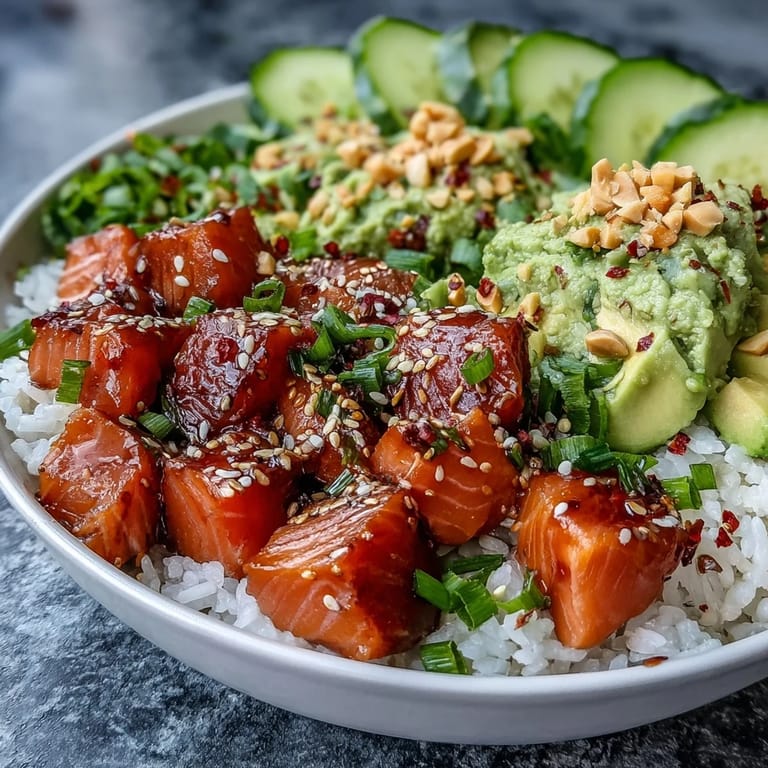 A steaming bowl of Avocado Salmon Bowl with sushi rice, tender salmon, avocado, nori strips, and a dollop of wasabi, ready for a fusion-inspired dinner.
