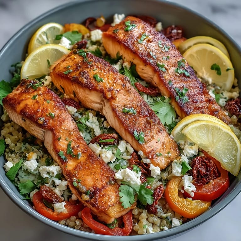Golden, crispy rice forms the base of a Mediterranean Salmon Bowl topped with sun-dried tomatoes and crumbled feta.