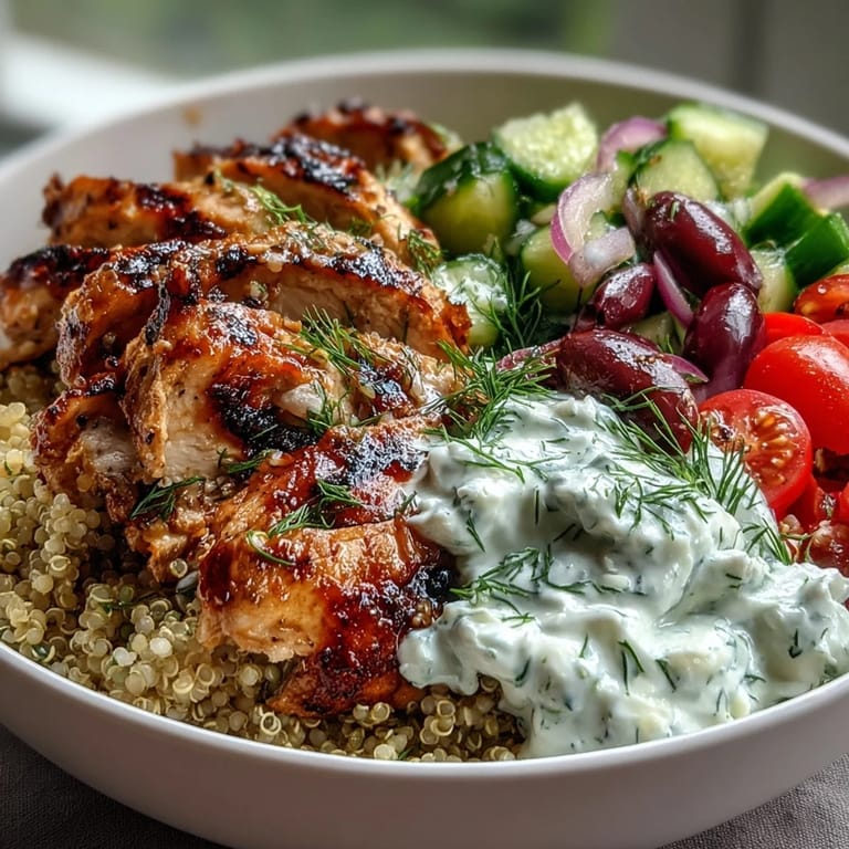 A vibrant Greek Chicken Power Bowl garnished with parsley and Kalamata olives, ready to serve for a healthy high-protein dinner.