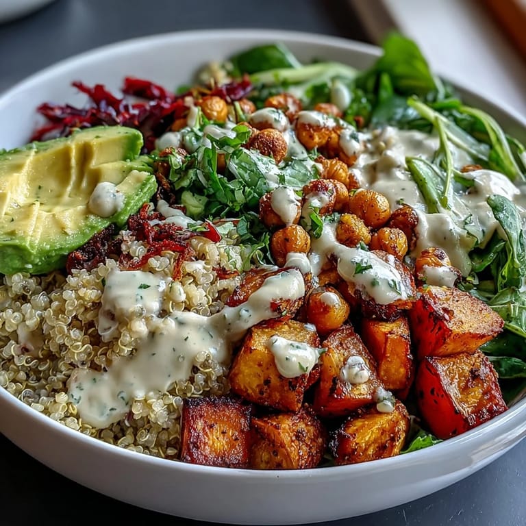 Colorful vegan Buddha Bowl with quinoa, roasted sweet potatoes, crispy chickpeas, avocado, and greens finished with a drizzle of garlic tahini dressing.