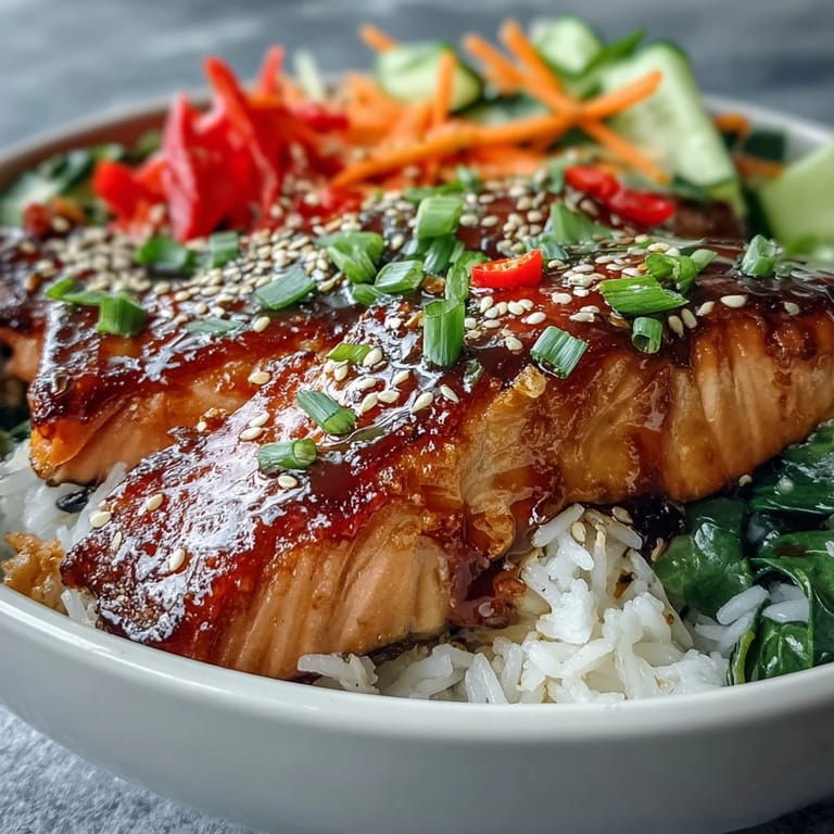 Golden-baked salmon fillet glistens with a glossy soy-ginger glaze atop a colorful Asian-inspired rice bowl.