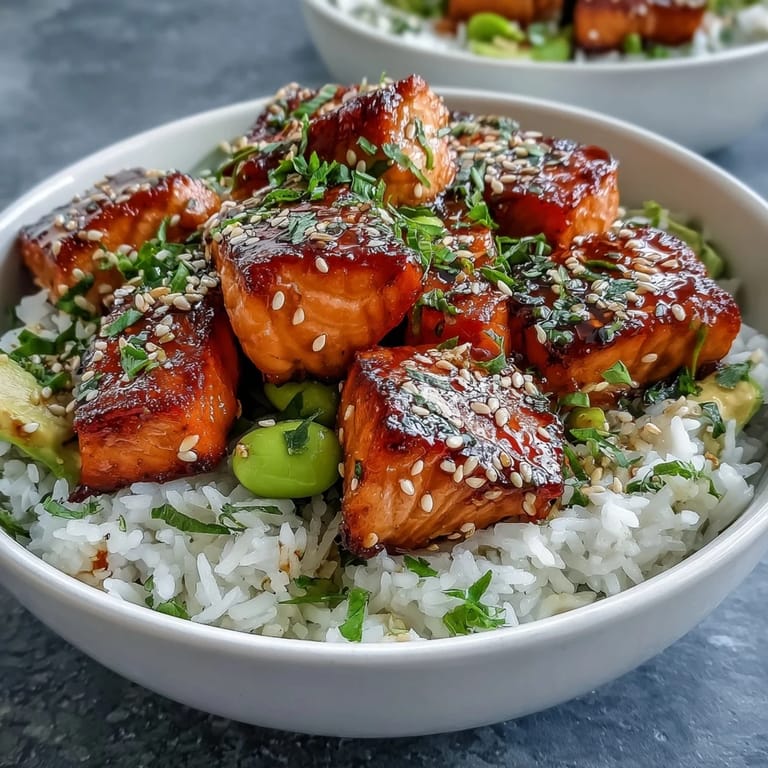 Golden broiled salmon cubes sit atop steamed jasmine rice, garnished with edamame, green onions, and toasted sesame seeds.