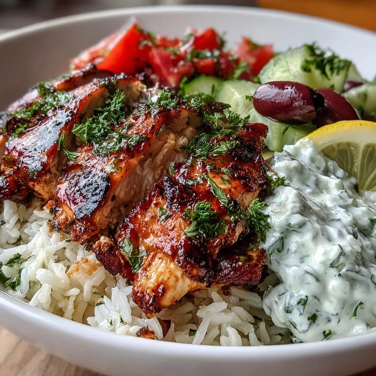 A vibrant Greek chicken bowl with fluffy rice, colorful vegetables, and a dollop of cool tzatziki, ready for a fresh, Mediterranean-inspired meal.