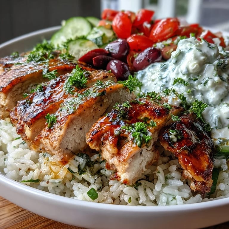 Tender grilled chicken sits on fragrant herbed rice with olives and lemon wedges, finished with a creamy tzatziki drizzle for a complete dinner.