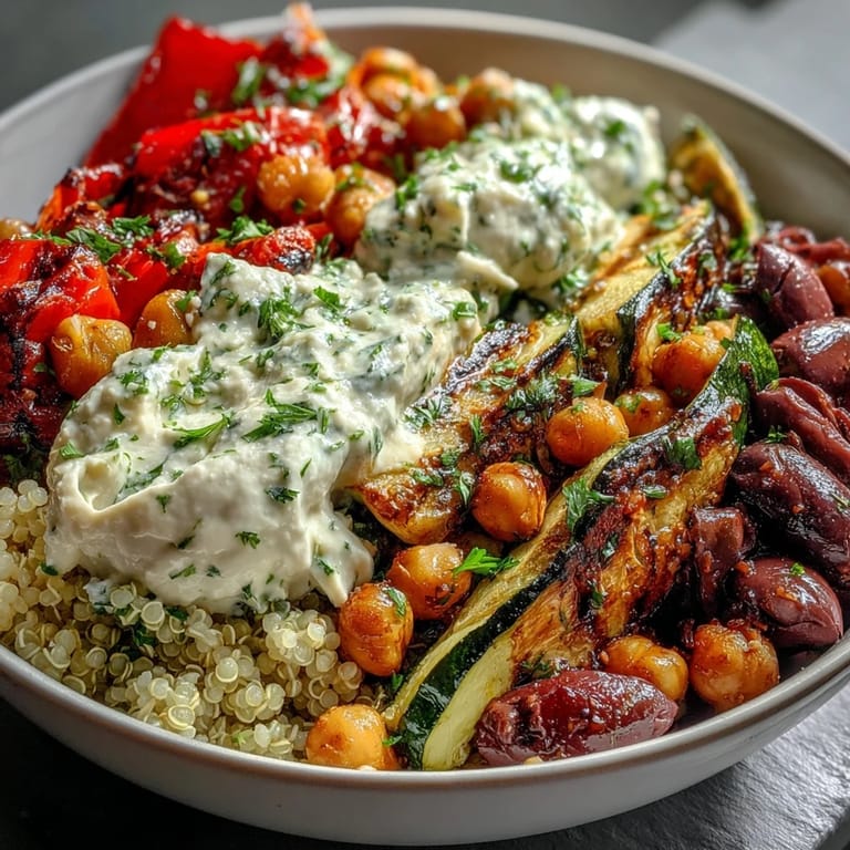 A close-up of a Mediterranean Buddha Bowl shows glossy Kalamata olives, crumbled feta, and a dollop of Greek yogurt beside roasted chickpeas.