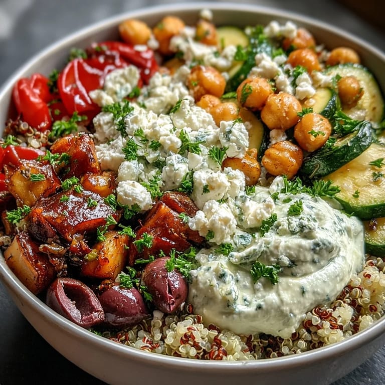Bright Mediterranean Buddha Bowl with quinoa, roasted veggies, chickpeas, and olives, garnished with fresh parsley and served with lemon wedges.
