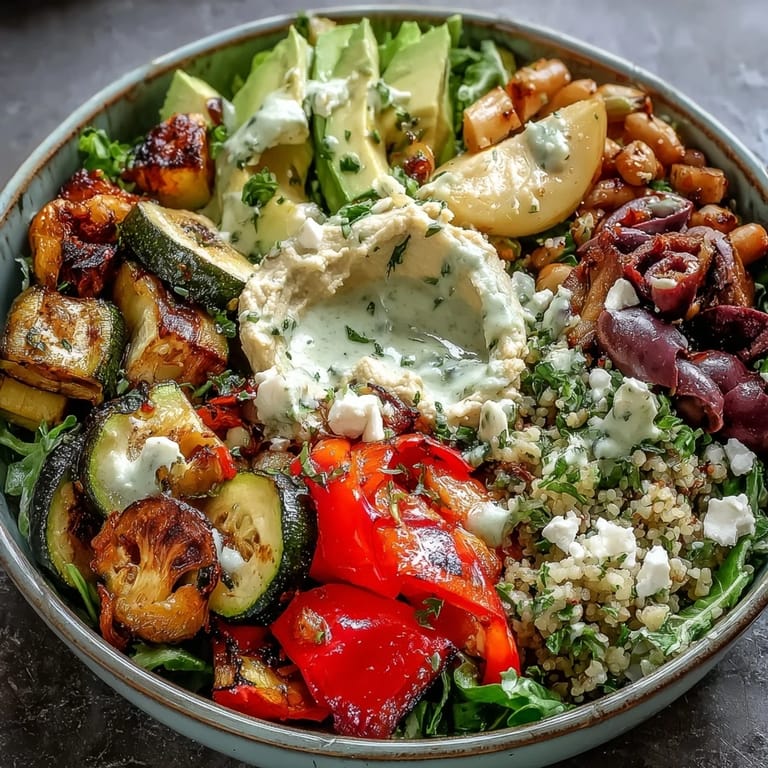 Nourishing Vegan Mediterranean Buddha Bowl featuring mixed greens, caramelized roasted vegetables, creamy avocado, tangy olives, and a zesty lemon-tahini sauce for a fresh, healthy meal.