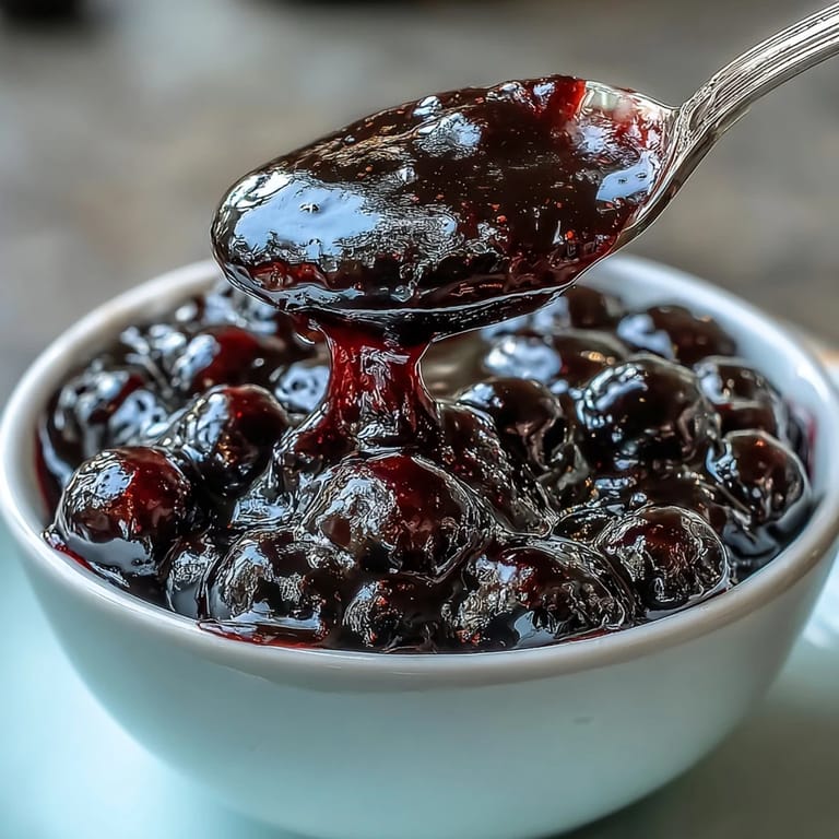 A small saucepan simmering tangy-sweet Black Currant Glaze, with balsamic vinegar and Dijon mustard mixing smoothly.