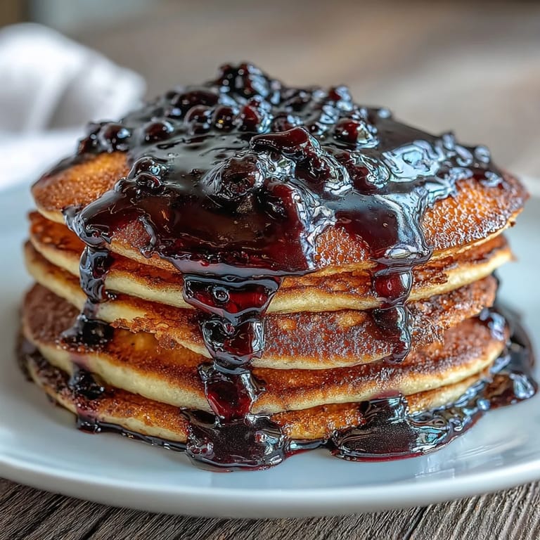 Rich, jewel-toned Black Currant Syrup drizzled onto a stack of fluffy pancakes topped with a dollop of whipped cream.