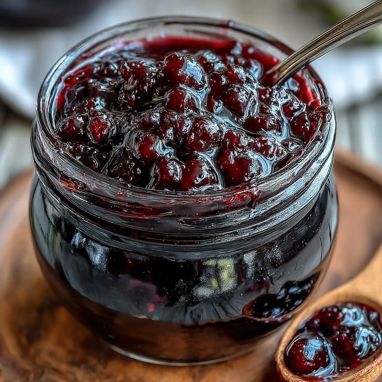Freshly prepared Homemade Black Currant Jam is spooned into a sterilized jar next to ripe berries.