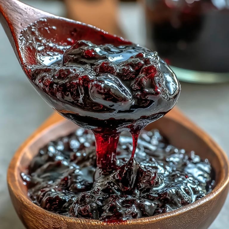 Sunlight illuminates Black Currant Jelly in a glass jar, showcasing its rich color and smooth texture, ideal for filling pastries or topping cheesecake.