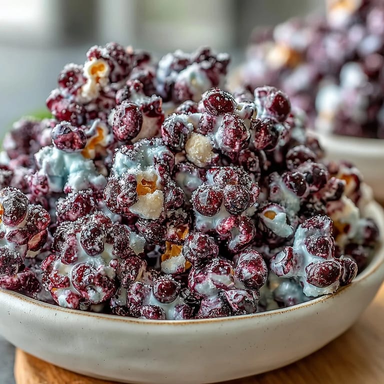 Close-up of Black Currant Cheesecake Kettle Corn with vivid purple berry dust and sweet glaze.