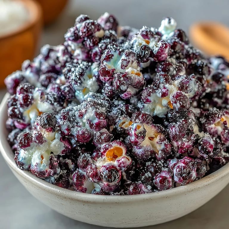 Homemade Black Currant Cheesecake Kettle Corn served in a rustic bowl, perfect for movie nights.
