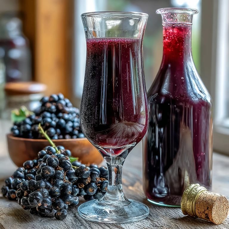 A small bottle of Easy Blackcurrant Liqueur next to a filled cocktail glass with ice and fresh garnish.