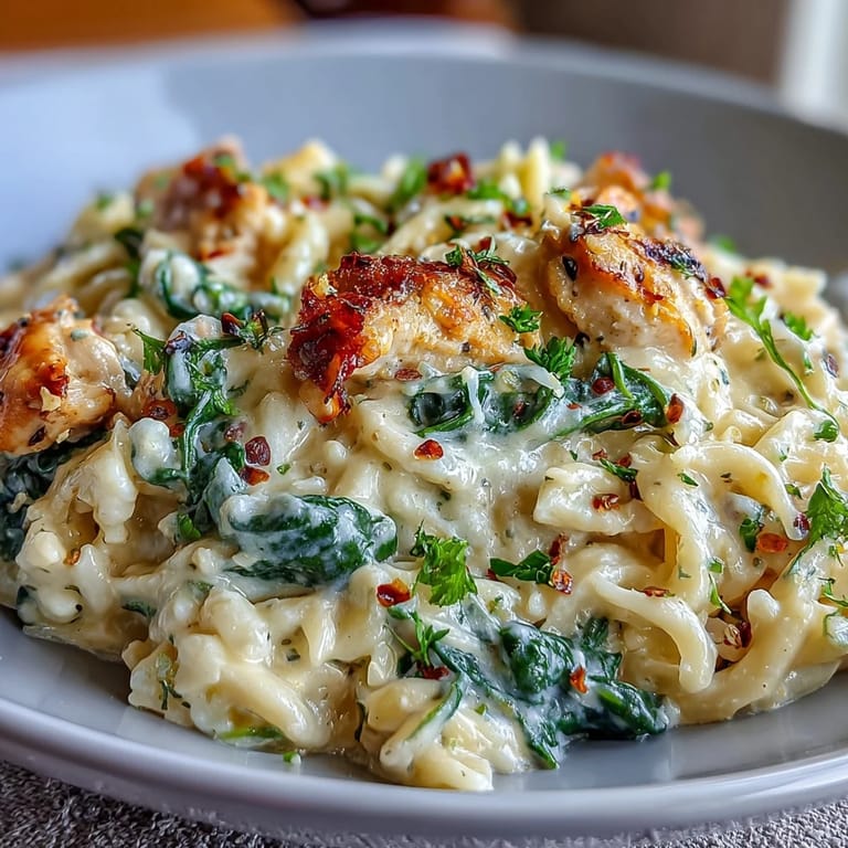 Warm Lemon Orzo with Chicken and Spinach served in a bowl, topped with grated Parmesan and a sprinkle of fresh parsley.
