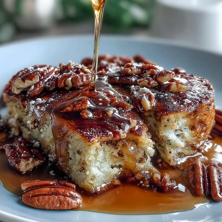 Warm, tender pancake casserole topped with a drizzle of pure maple syrup and crunchy pecans for a sweet start.