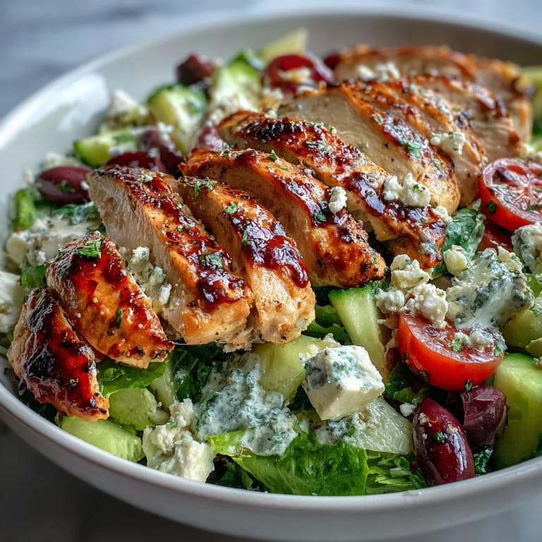 Grilled chicken breast slices over crisp Romaine lettuce, cherry tomatoes, cucumbers, olives, and feta in a salad bowl.