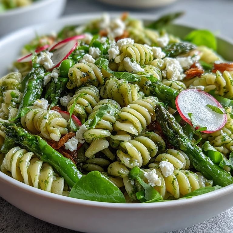 Fresh spring pasta salad with lemon vinaigrette and radishes, served chilled with bright herbs and creamy cheese crumbles.