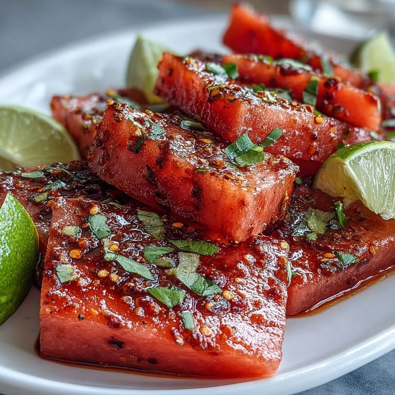 Refreshing watermelon wedges dusted with Tajin seasoning and lime juice, perfect for picnics or beach days under the sun.