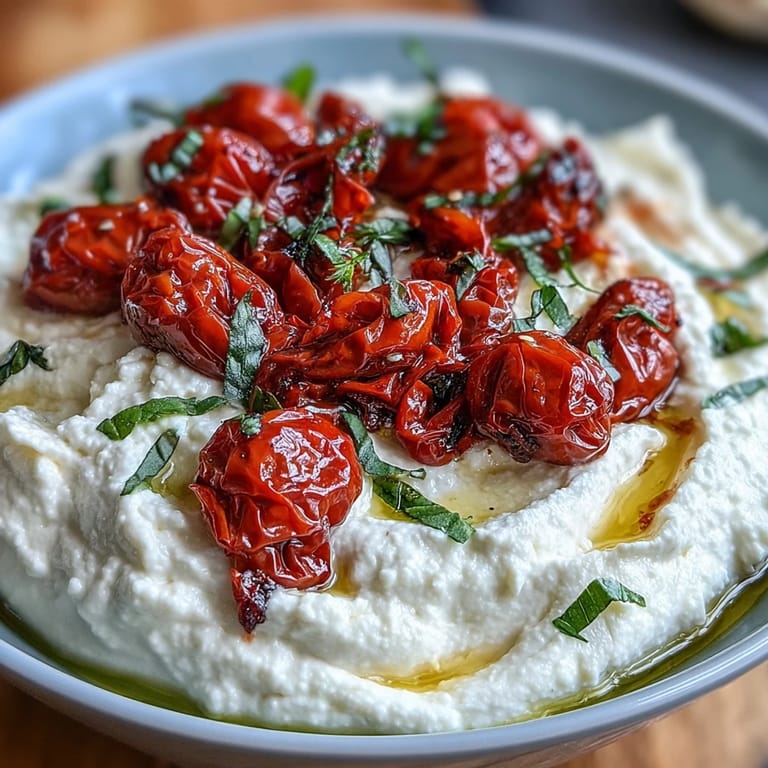 Velvety whipped feta spread with roasted cherry tomatoes, basil, and olive oil, perfect for gluten-free crackers or pita.