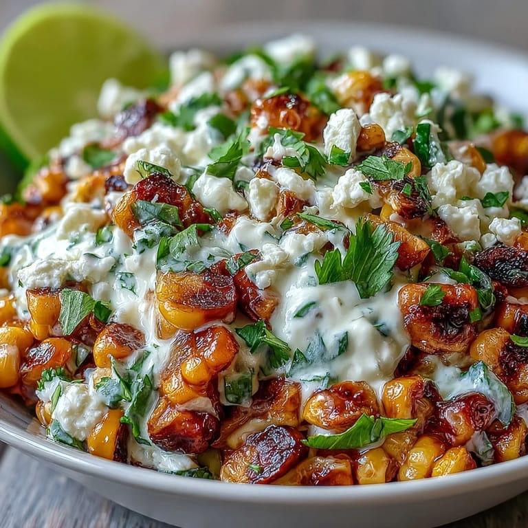 Creamy Mexican Street Corn Salad with sweet charred corn, red bell peppers, and zesty chili-lime dressing.