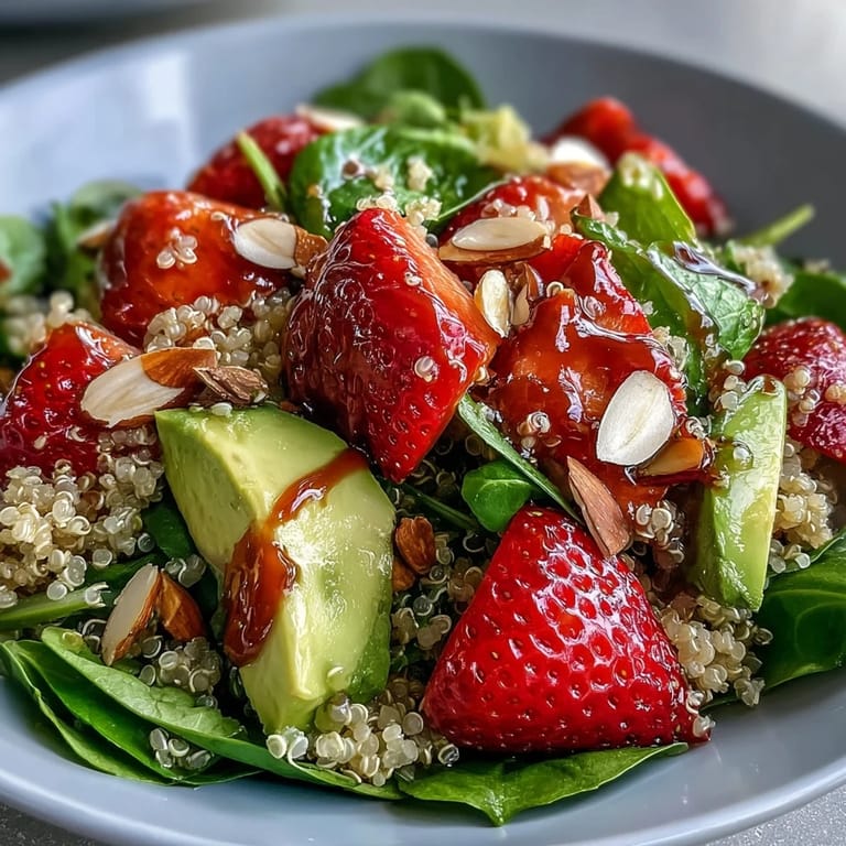 Colorful strawberry avocado quinoa salad with tender greens, crunchy nuts, and zesty lemon dressing for a healthy meal.