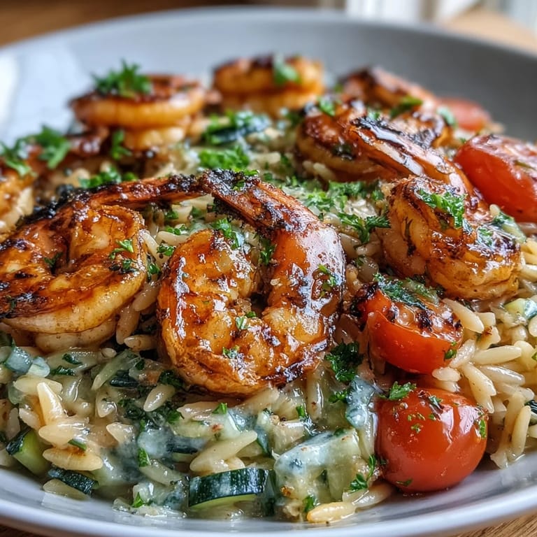 Colorful Mediterranean-inspired shrimp and orzo dinner with cherry tomatoes, zucchini, and bright lemon butter flavors in a single skillet.