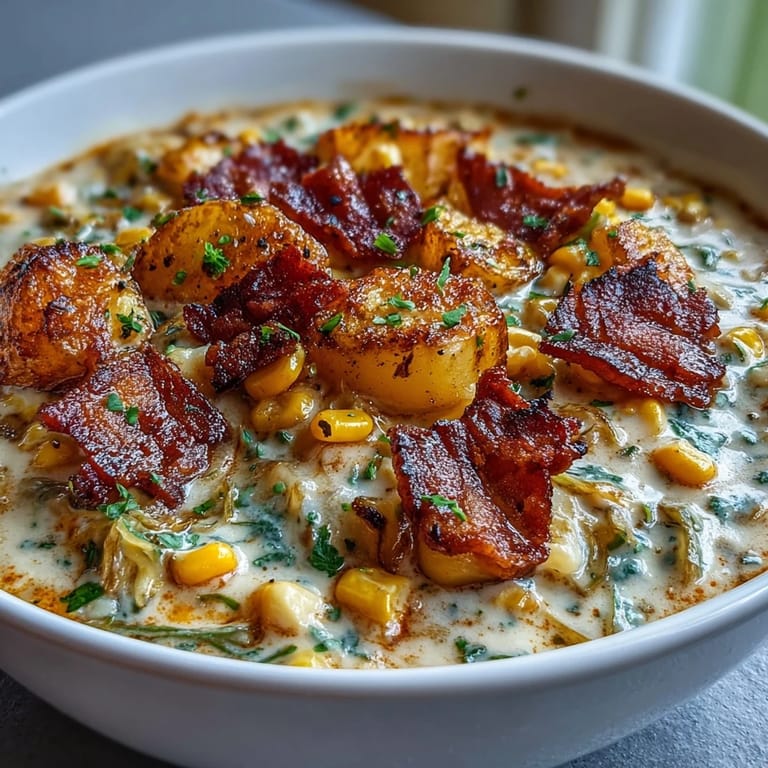 Vivid Cabbage Corn Chowder, garnished with bacon bits, perfect for a cool evening.