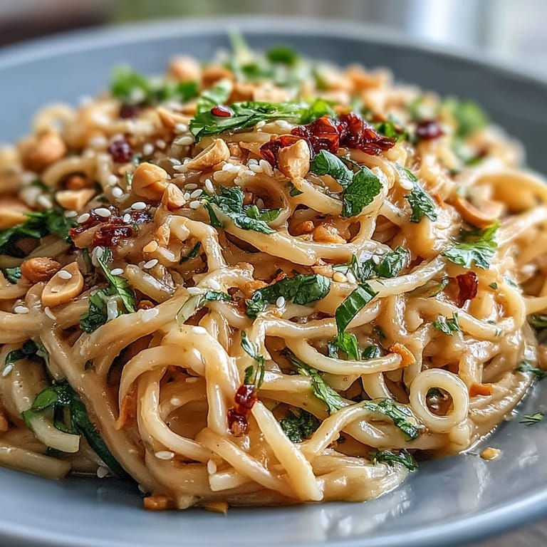 Creamy Thai Peanut Noodle Salad, a refreshing side dish topped with crunchy peanuts.