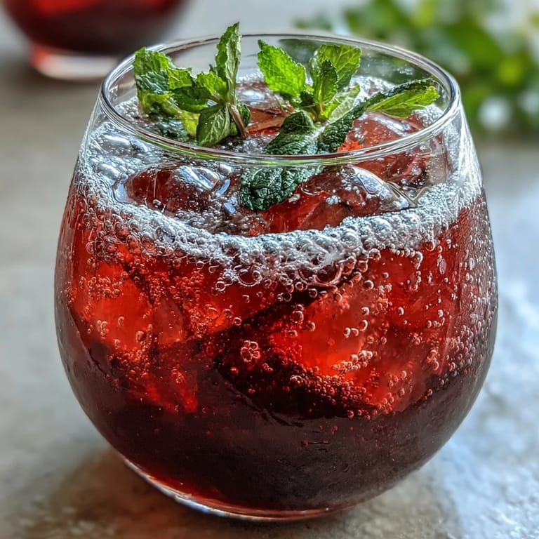Refreshing non-alcoholic hibiscus lemonade mocktail with effervescent bubbles and tart lemon flavor.  