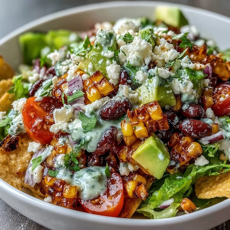 Colorful taco salad with sweet grilled corn, black beans, avocado, and crunchy tortilla chips.  