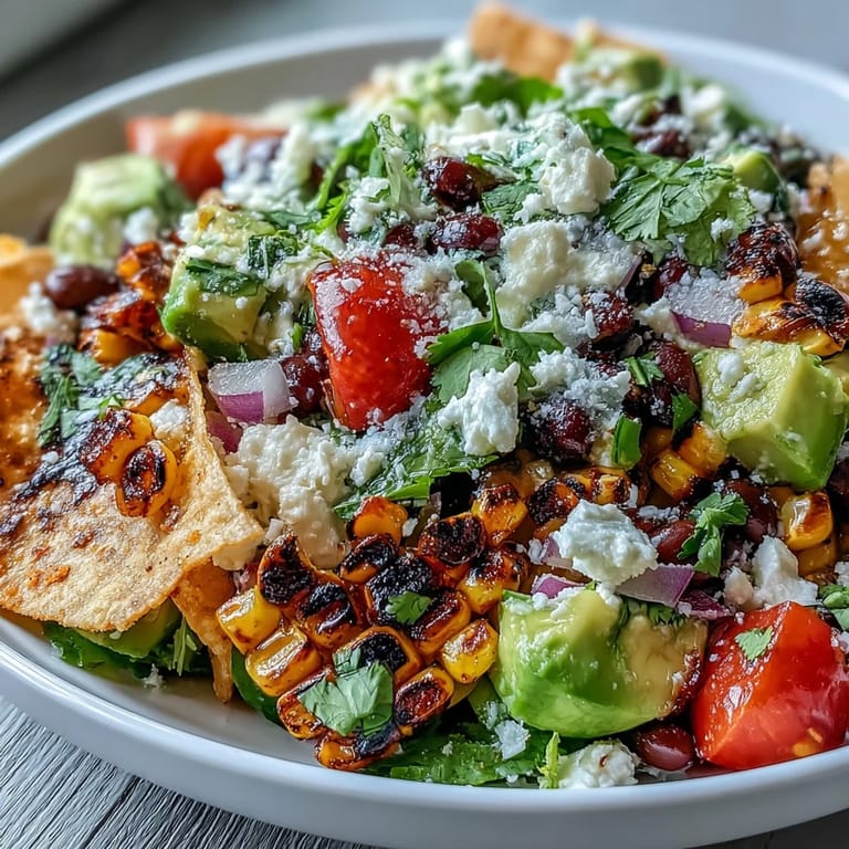 Fresh summer salad featuring charred corn, black beans, romaine, and tangy lime-cumin dressing.
