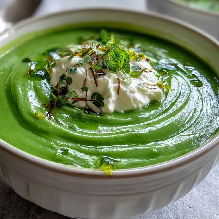 Silky smooth pea soup garnished with lemon-zested whipped ricotta and a drizzle of bright green mint oil, perfect for spring.